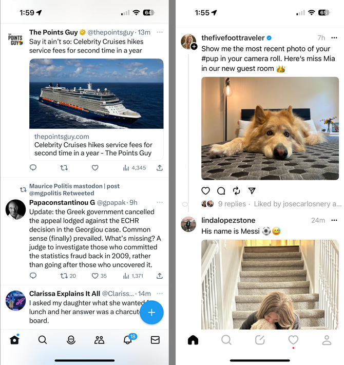 Screenshot of Twitter on the left showing the Twitter feed with two posts. Screenshot of Threads on the right showing a post and response on Threads. On both screenshots you see the comment icon, like icon, and repost icon. The Threads posts also have a share icon.   