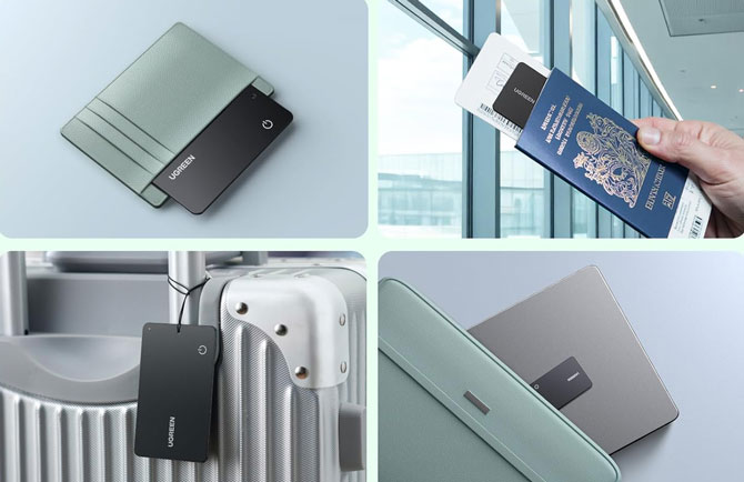 UGREEN’s new FineTrack Slim G is shown in four different use cases: (clockwise from the top left) wallet tracker, passport holder tracker, luggage tag, laptop tracker.