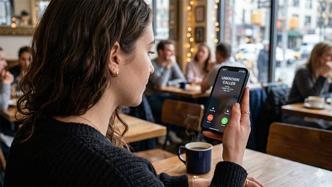 A woman sees and unknown call on her phone in this concept image.