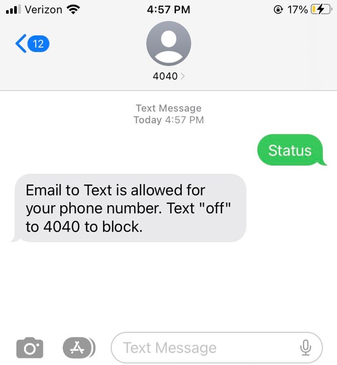 Screenshot of checking the status of Verizon's spam text blocking tool. 