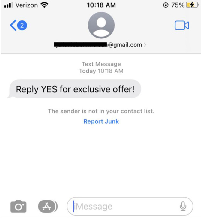 Screenshot of sample email-to-text.