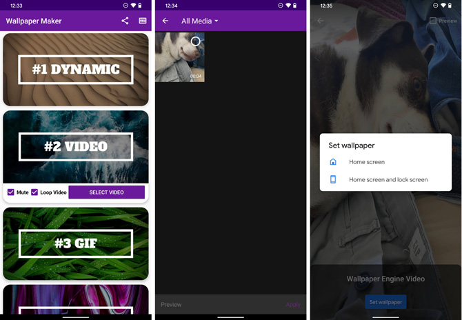 Screenshots of Wallpaper Maker apps. Screenshot 1 shows #2 Video and options for mute and loop checked. Screenshot 2 shows videos in All Media available for selection as wallpaper. Screenshot 3 shows  the option to set the video as Home Screen or Home screen and lock screen.