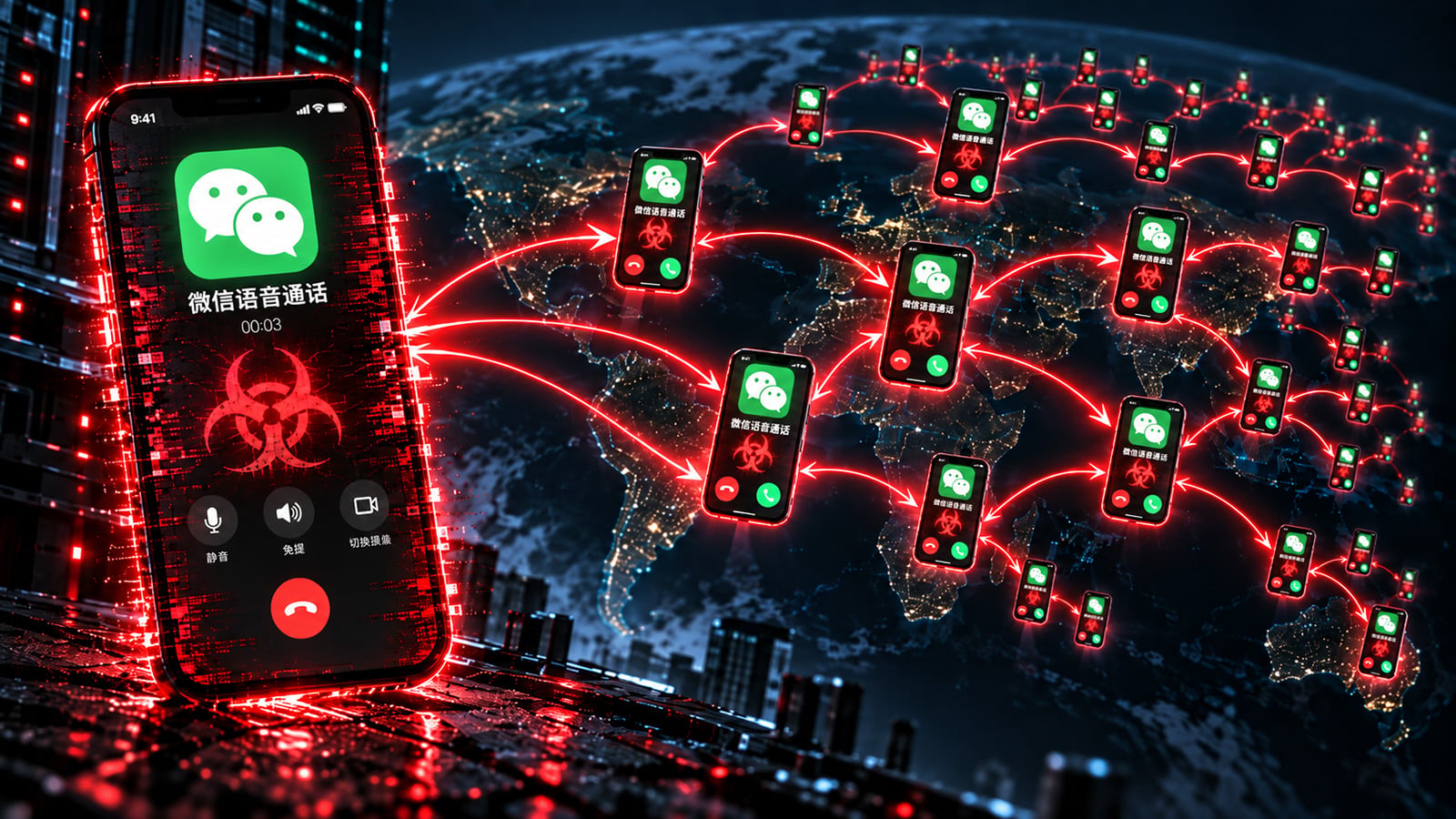 Concept image showing how WeWorm infects other phones through WeChat calls.