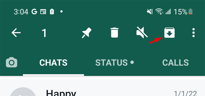 Screenshot of Android WhatsApp menu bar with a pin, trashcan, mute symbol, file bin with a downward arrow (pointed out).