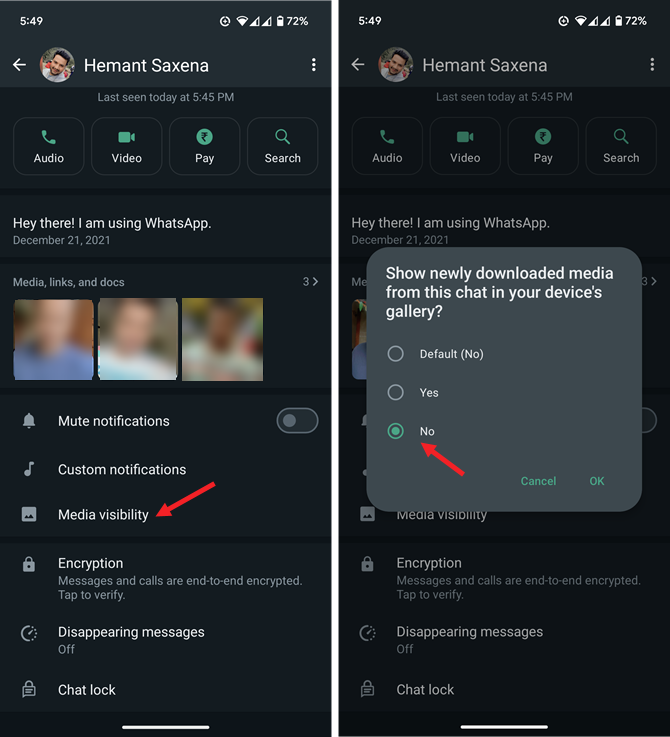 Two screenshots of WhatsApp Android app. On the left, you see a conversation selected with Media Visibility pointed out. On the right, you see your Media Visibility options with no pointed out for: Show newly downloaded media from this chat in your device's gallery?