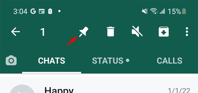 Screenshot of Android WhatsApp menu bar with a pin, trashcan, mute symbol, file bin with an arrow (pointed out).