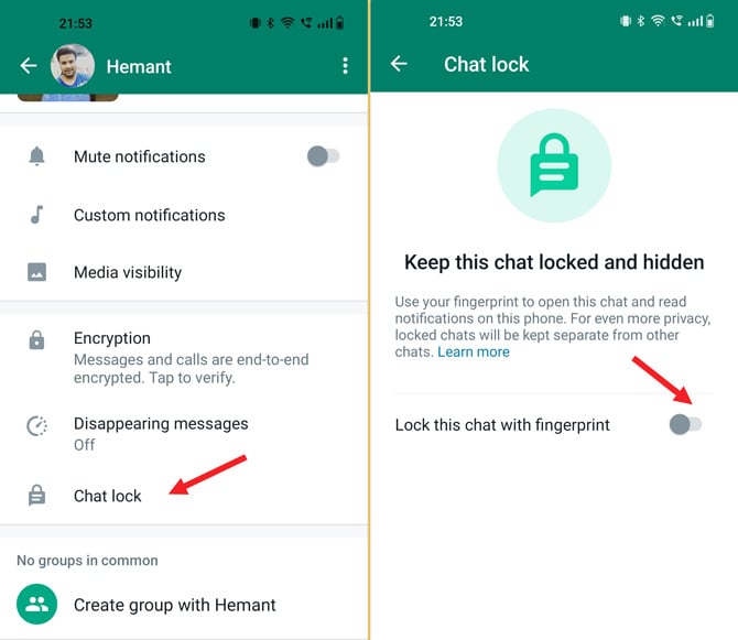 Two screenshots of WhatsApp. On the left you see settings for a chat with Chat Lock pointed out. On the right you see the Chat Lock screen with the toggle pointed out to Lock this chat with fingerprint.