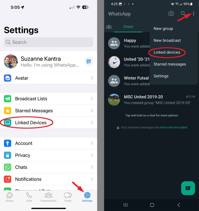 WhatsApp Android app with the triple dots for the menu pointed out and the WhatsApp iOS app with the cog for Settings pointed out.