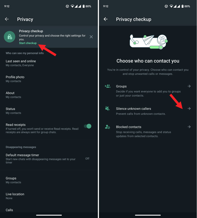 Two screenshots of WhatsApp Settings. On the left is the main Privacy screen with Privacy check up pointed out. On the right is the Choose who can contact you screen with silence unknown callers pointed out. screen showing 