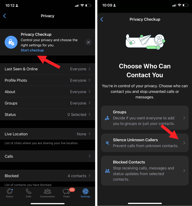 Two screenshots of WhatsApp Settings. On the left is the main Privacy screen with Privacy check up pointed out. On the right is the Choose who can contact you screen with silence unknown callers pointed out. screen showing 