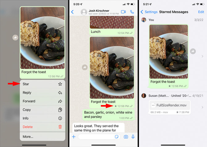 Three screenshots of WhatsApp. From the left: The first screenshot shows a picture with the options Star (pointed out), Reply, Forward, Copy, Info, Delete, More. The second screenshot shows the same picture with a star next to the time stamp, along with more of the chat. The third screenshot show the picture in the Starred Messages list. 