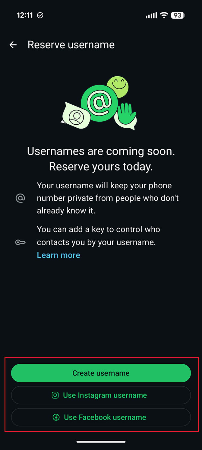 WhatsApp Setting for Usernames showing the options for claiming a username.