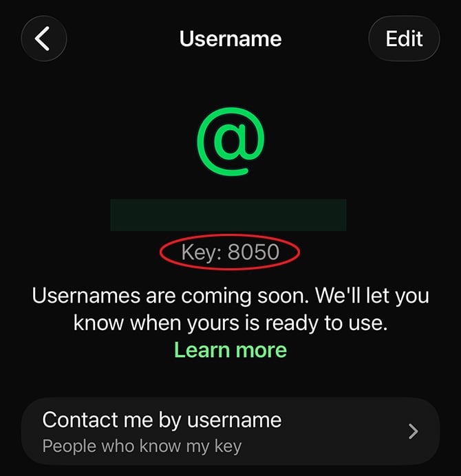 You can find your username key in WhatsApp Username Settings, as shown in this screenshot..