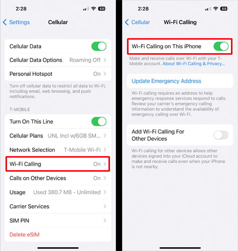 Two screenshots of iOS 16 Settings. On the left you see the Cellular setting screen with Wi-Fi Calling highlighted in a red box. On the right, you see the Wi-Fi Calling screen with Wi-Fi Calling on This Phone highlighted in a red box.
