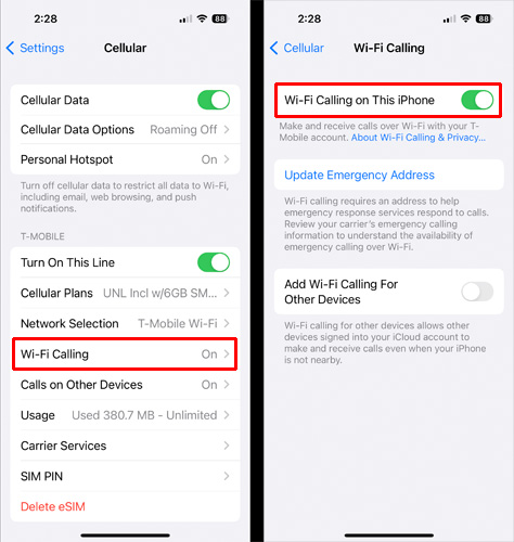 Two screenshots of iOS 16 Settings. On the left you see the Cellular setting screen with Wi-Fi Calling highlighted in a red box. On the right, you see the Wi-Fi Calling screen with Wi-Fi Calling on This Phone highlighted in a red box.