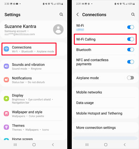 Two screenshots of Settings on Samsung phone running Android 12. The screen on the left shows the main Settings page with Connections highlighted in a red box. The screen on the right shows the Connections page with Wi-Fi Calling highlighted in a red box. 