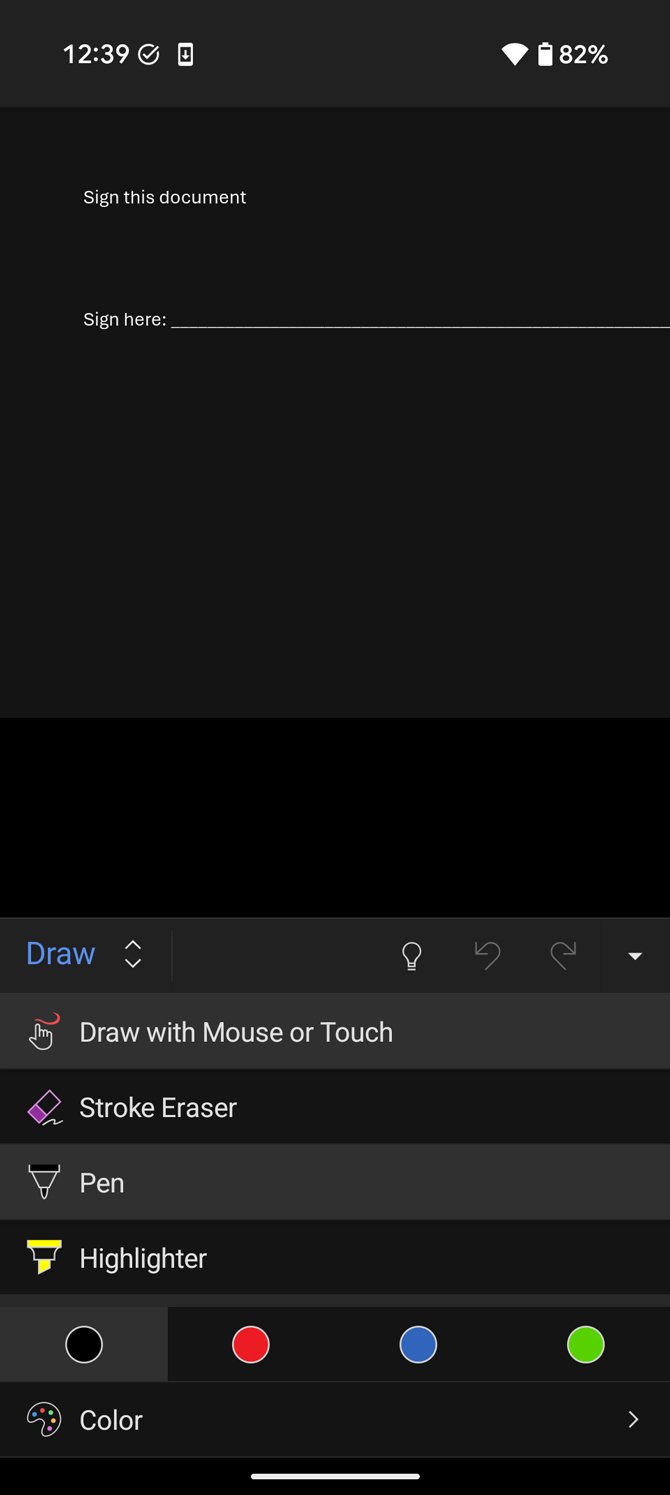 Screenshot of the Android Word app showing the Draw tool.