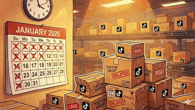 A mailroom crowded with boxes bearing the tiktok label. A calendar labeled january has red x's over many dates, signifying delays.