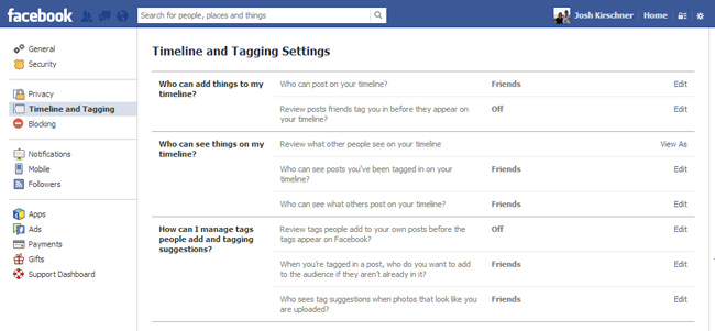 Facebook timeline settings